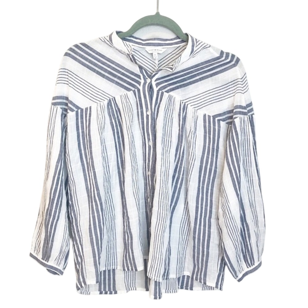 Lucky Brand Blue White Striped Cotton Gauze Button Up‎ Peasant Top XS